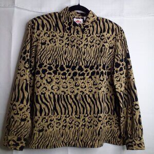 Alia Shirt Women 10P 10 Petite Button Up Long Sleeve Animal Print Brown Black